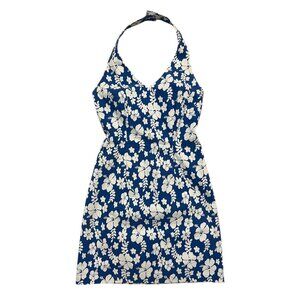 City Triangles Hawaiian Floral Halter Mini Dress Blue 4 Tropical Resort Luau